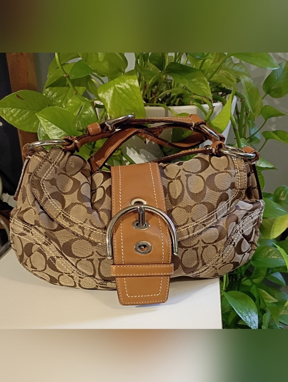 Coach Monogram Hobo Bag in Brown and Tan
